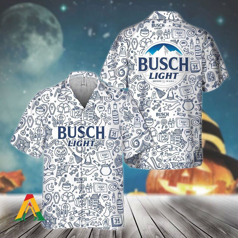 Busch Light Hawaiian Shirt Happy Halloween Doodle Art Busch Light Hawaiian Shirt Happy Halloween Doodle Art