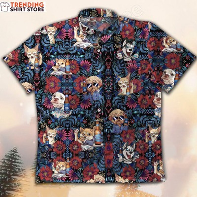 Bud Light Hawaiian Shirt Funny Dogs Drinking Beer In Flowers Bush