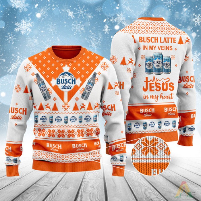 Busch Latte In My Veins Jesus In My Heart Ugly Christmas Sweater Busch Latte In My Veins Jesus In My Heart Ugly Christmas Sweater