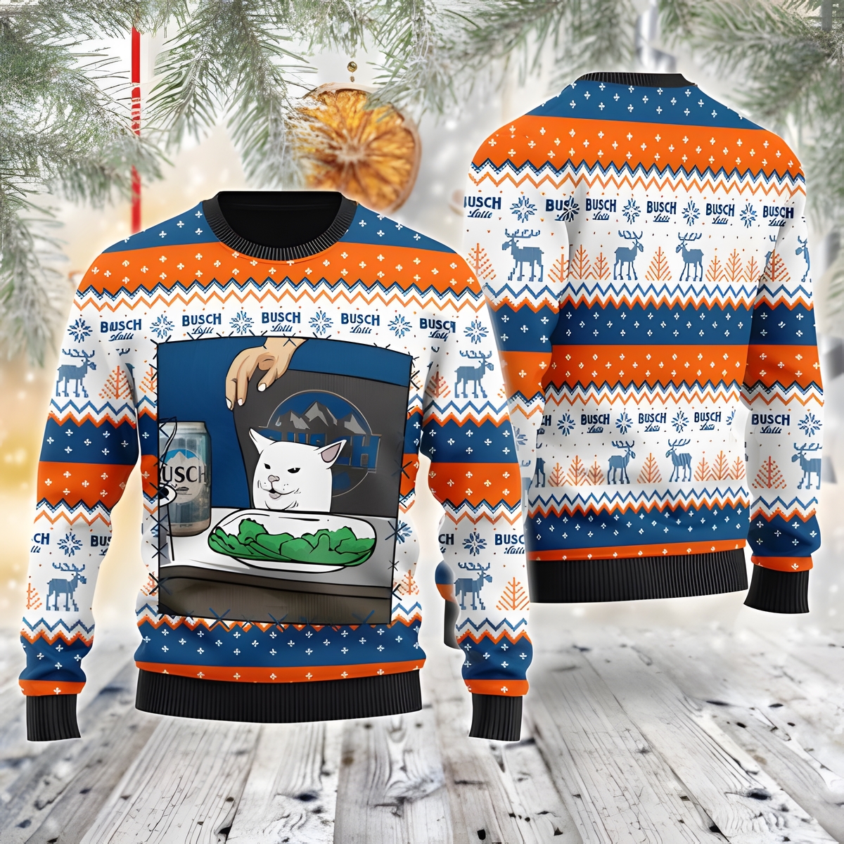 Busch Latte Ugly Christmas Sweater Funny Smudge The Cat Loves Busch Gift For Beer Lovers