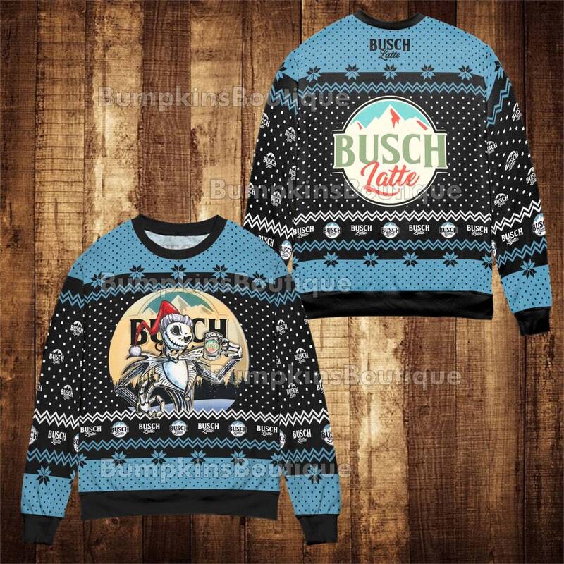 Busch Latte Ugly Christmas Sweater Jack Skellington Loves Busch Busch Latte Ugly Christmas Sweater Jack Skellington Loves Busch