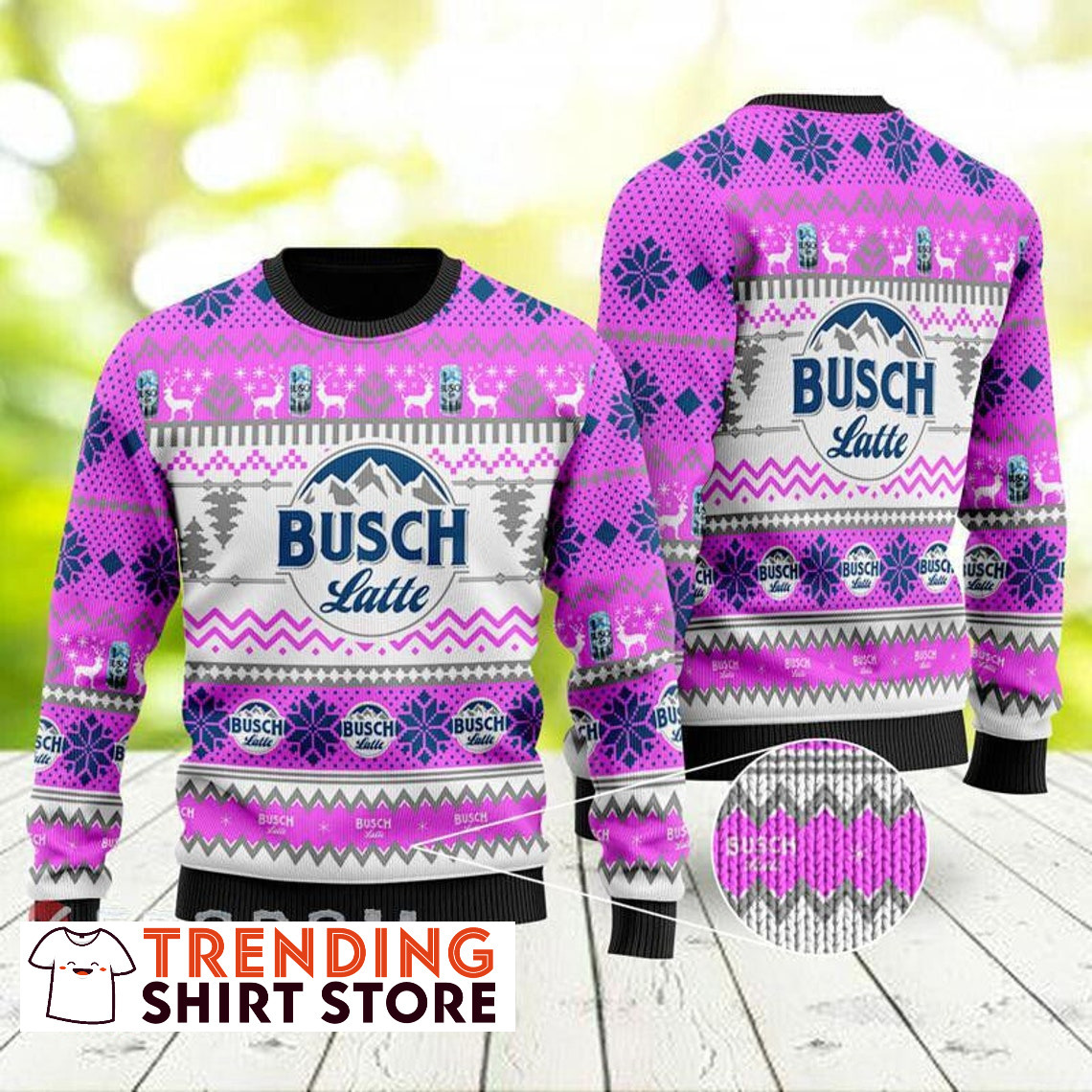 Busch Latte Ugly Christmas Sweater Deer Snowflakes And Pine Trees Purple Christmas