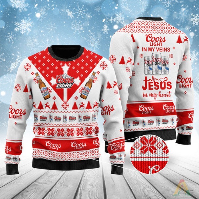 Coors Light Ugly Christmas Sweater In My Veins Jesus In My Heart Coors Light Ugly Christmas Sweater In My Veins Jesus In My Heart
