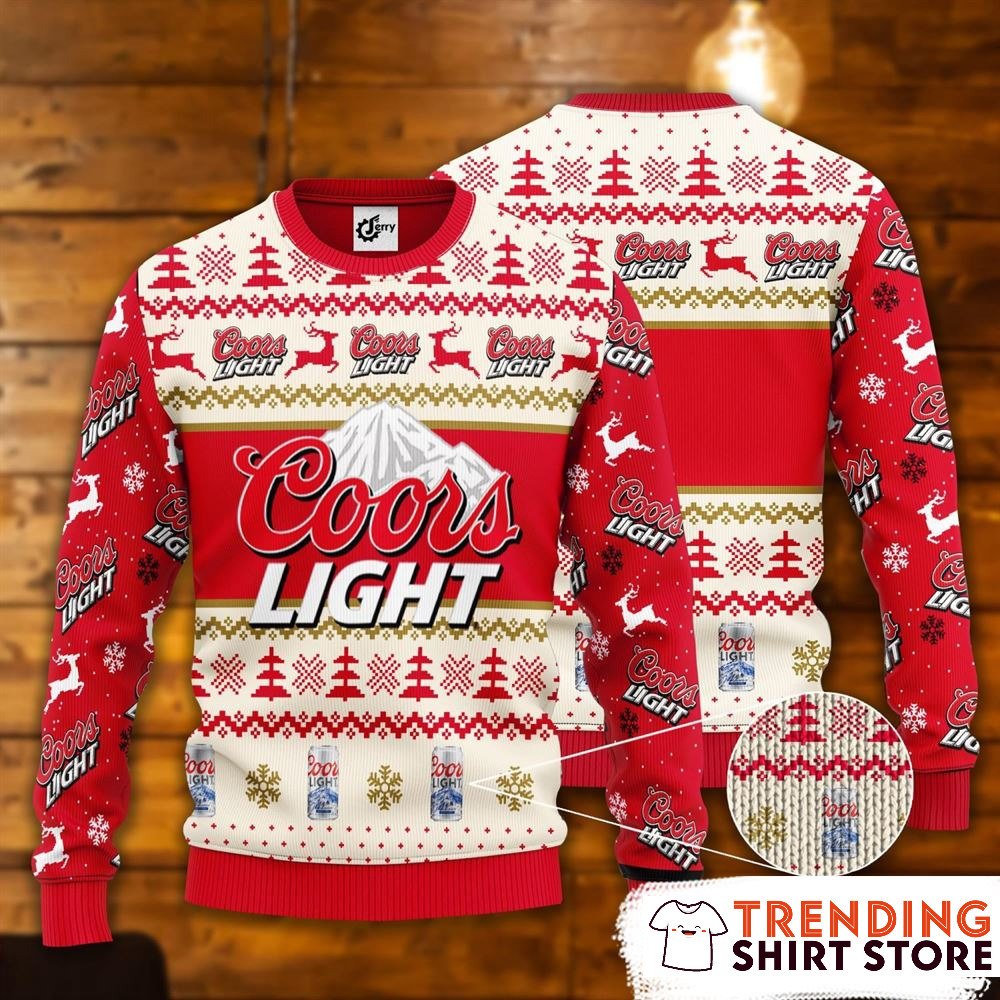 Coors Light Ugly Christmas Sweater Red Snowflakes Pine Trees Reindeer