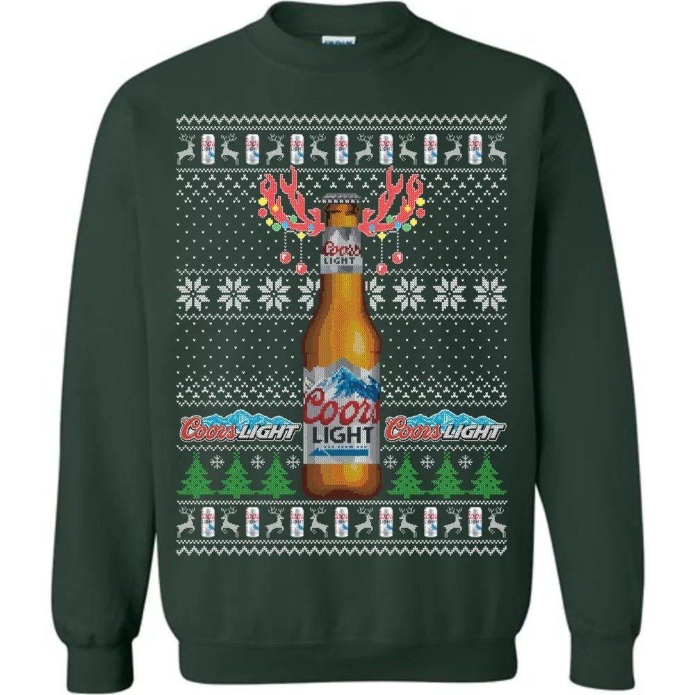 Funny Coors Light Ugly Christmas Sweater Reindeer Beer Bottle