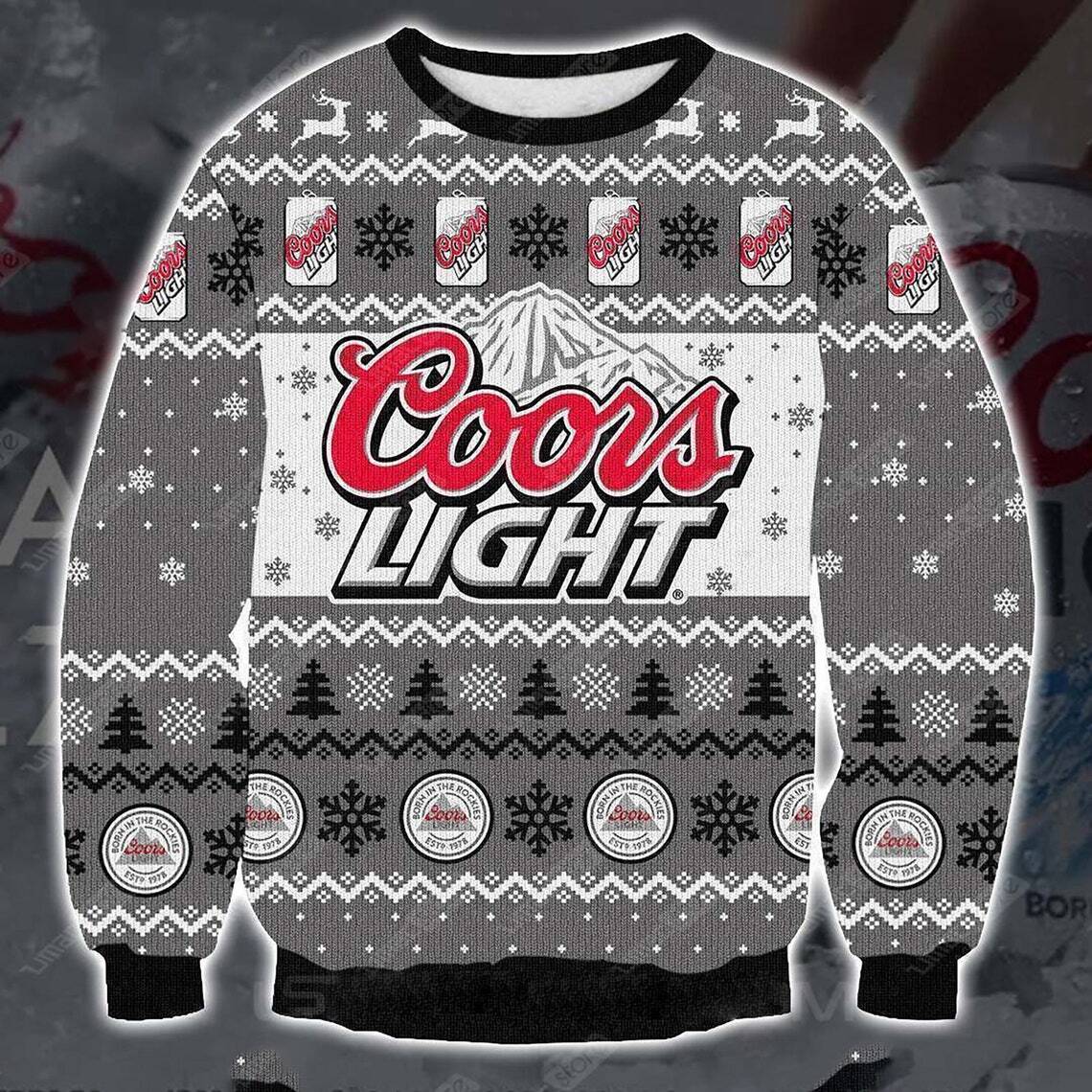 Coors Light Beer Ugly Christmas Sweater Gray And White Snowflakes And Pine Trees Coors Light Beer Ugly Christmas Sweater Gray And White Snowflakes And Pine Trees