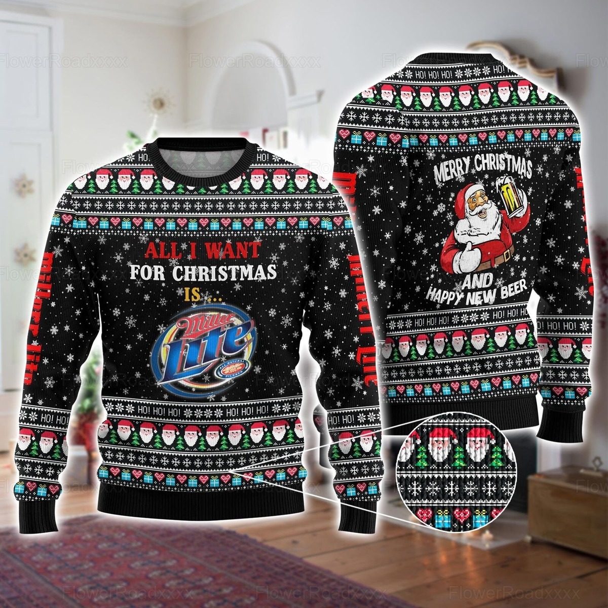 Funny All I Want For Christmas Is Miller Lite Ugly Christmas Sweater