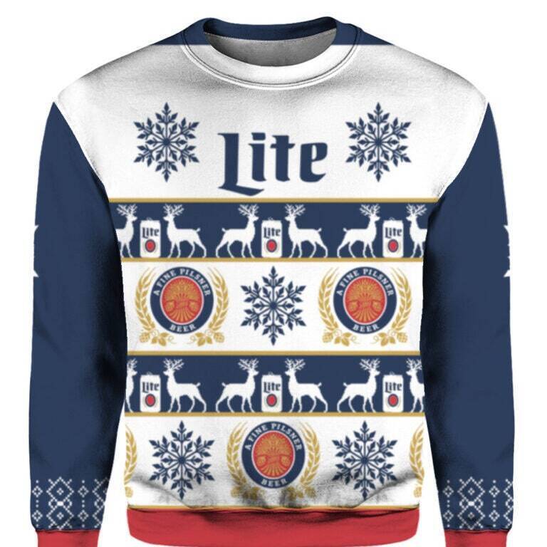 Miller Lite Ugly Christmas Sweater Reindeer Snowflakes Pattern