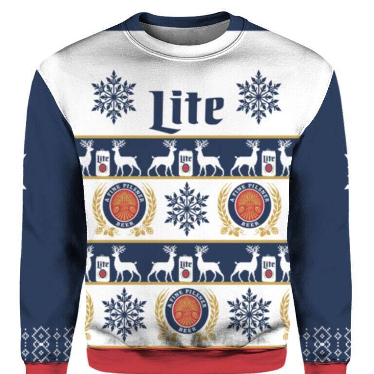 Miller Lite Ugly Christmas Sweater Reindeer Snowflakes Pattern Miller Lite Ugly Christmas Sweater Reindeer Snowflakes Pattern