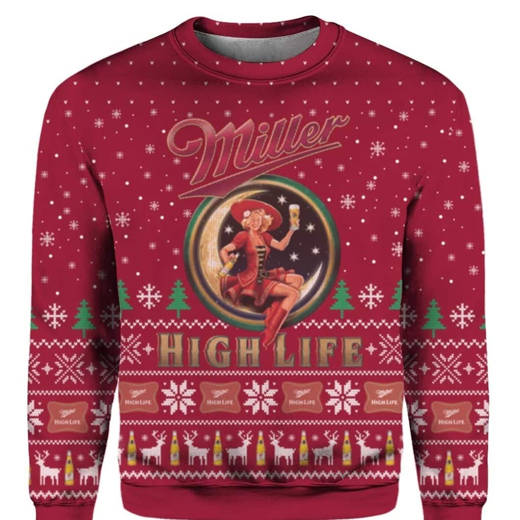 Red Girl In The Moon Miller High Life Ugly Christmas Sweater Red Girl In The Moon Miller High Life Ugly Christmas Sweater