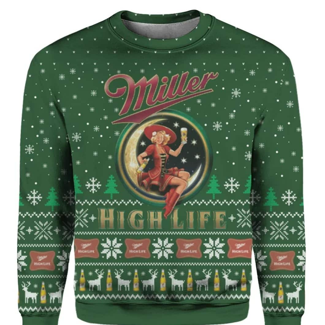 Green Girl In The Moon Miller High Life Ugly Christmas Sweater Green Girl In The Moon Miller High Life Ugly Christmas Sweater