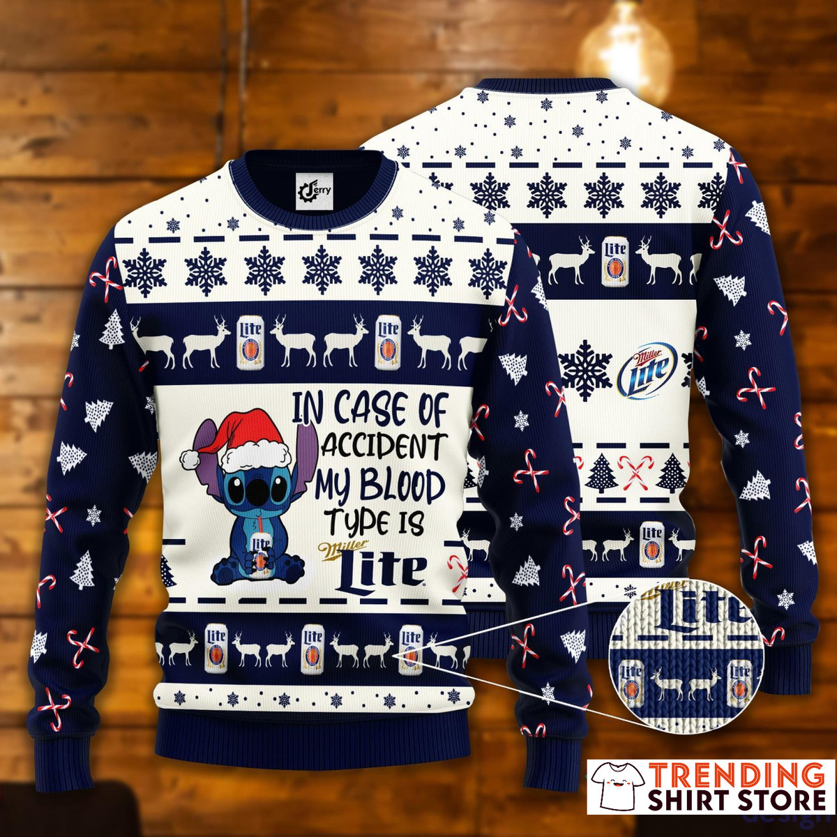 Stitch In Case Of Accident My Blood Type Is Miller Lite Ugly Christmas Sweater