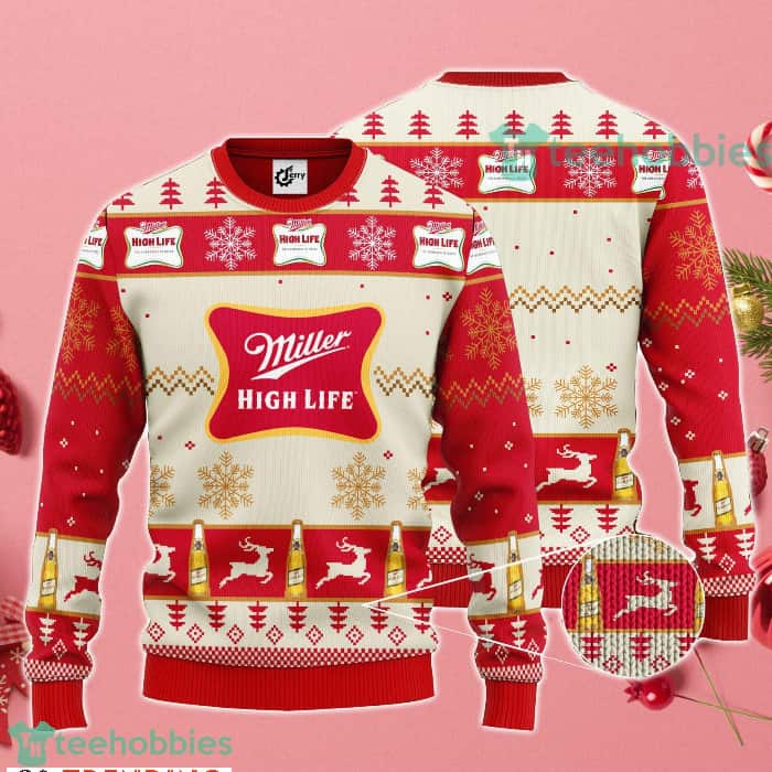 Miller High Life Ugly Christmas Sweater Red Christmas And Snowflakes Pattern