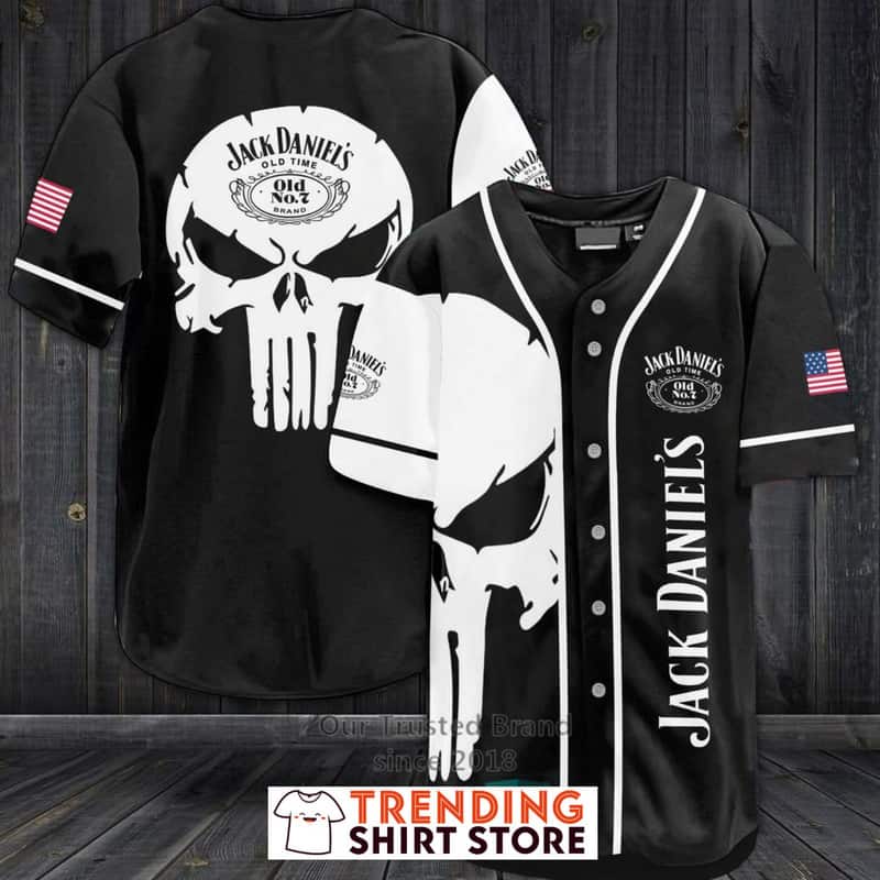 Jack Daniels Baseball Jersey Creepy Big White Punisher Skull Jack Daniels Baseball Jersey Creepy Big White Punisher Skull