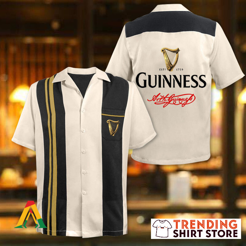 Vintage Beige Guinness Hawaiian Shirt Yellow And Black Stripes For Beer Lovers Vintage Beige Guinness Hawaiian Shirt Yellow And Black Stripes For Beer Lovers
