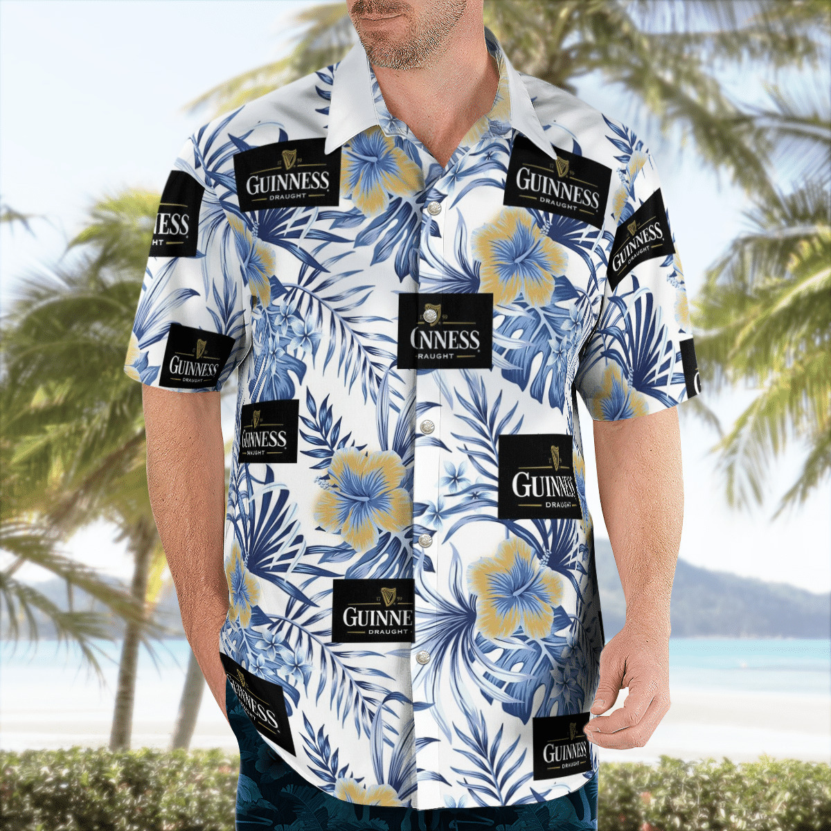 Guinness Hawaiian Shirt Blue And Yellow Hibiscus