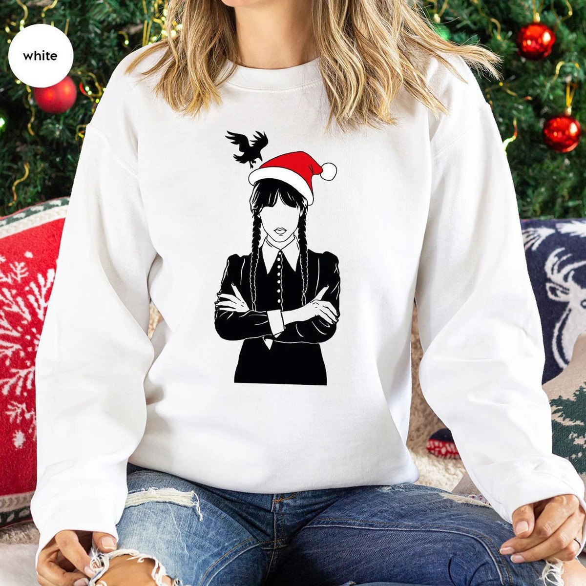 Wednesday Addams Wears Christmas Hat T-Shirt Wednesday Addams Wears Christmas Hat T-Shirt