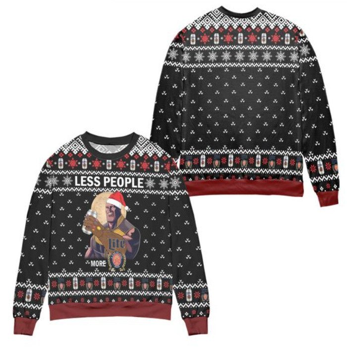 Thanos Less People More Miller Lite Ugly Christmas Sweater Snowflake Pattern