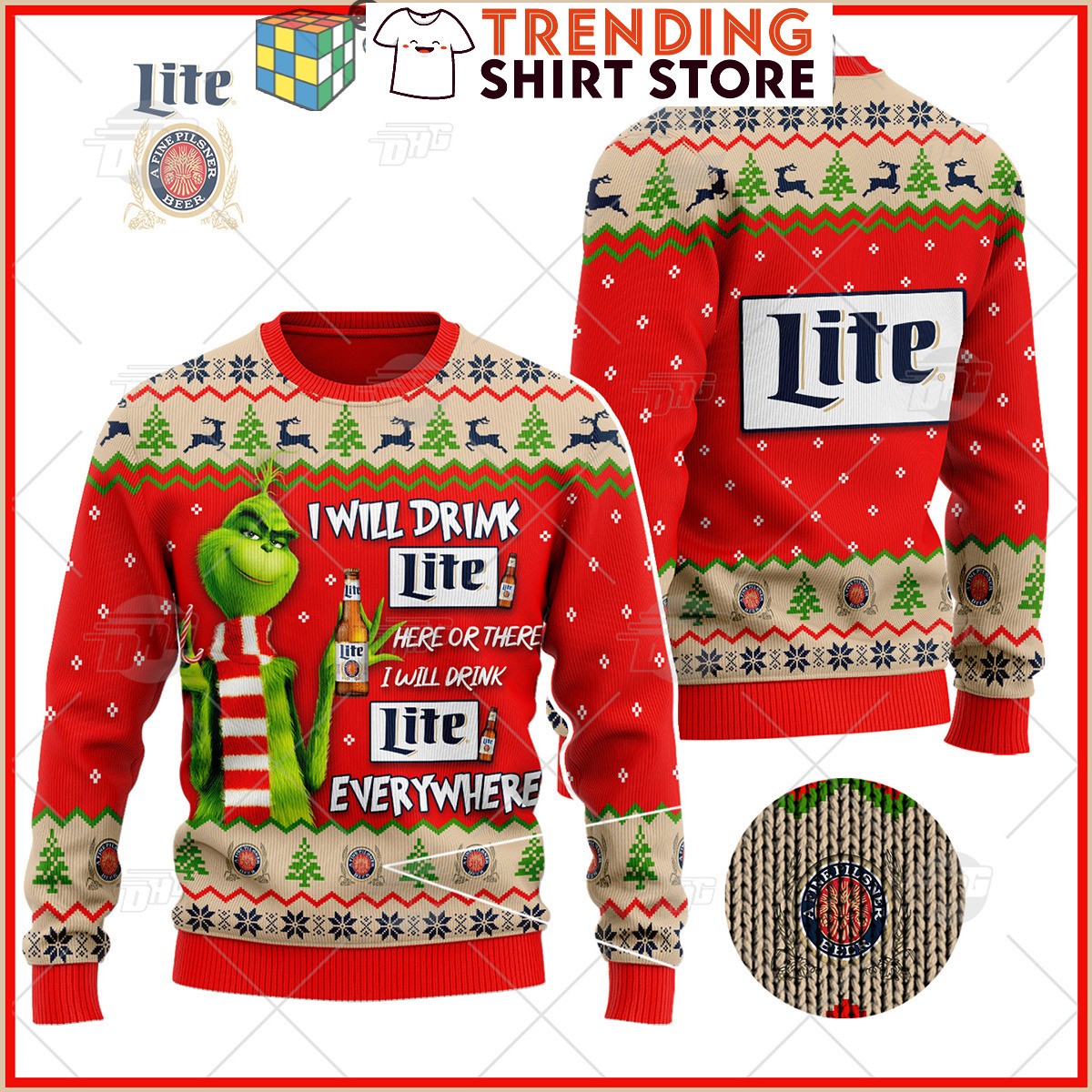 Funny Grinch Here Or There I Will Drink Miller Lite Beer Everywhere Ugly Christmas Sweater