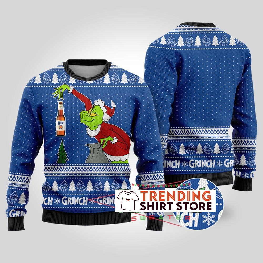 Funny Grinch Stealing Miller Lite Ugly Christmas Sweater Royal Funny Grinch Stealing Miller Lite Ugly Christmas Sweater Royal