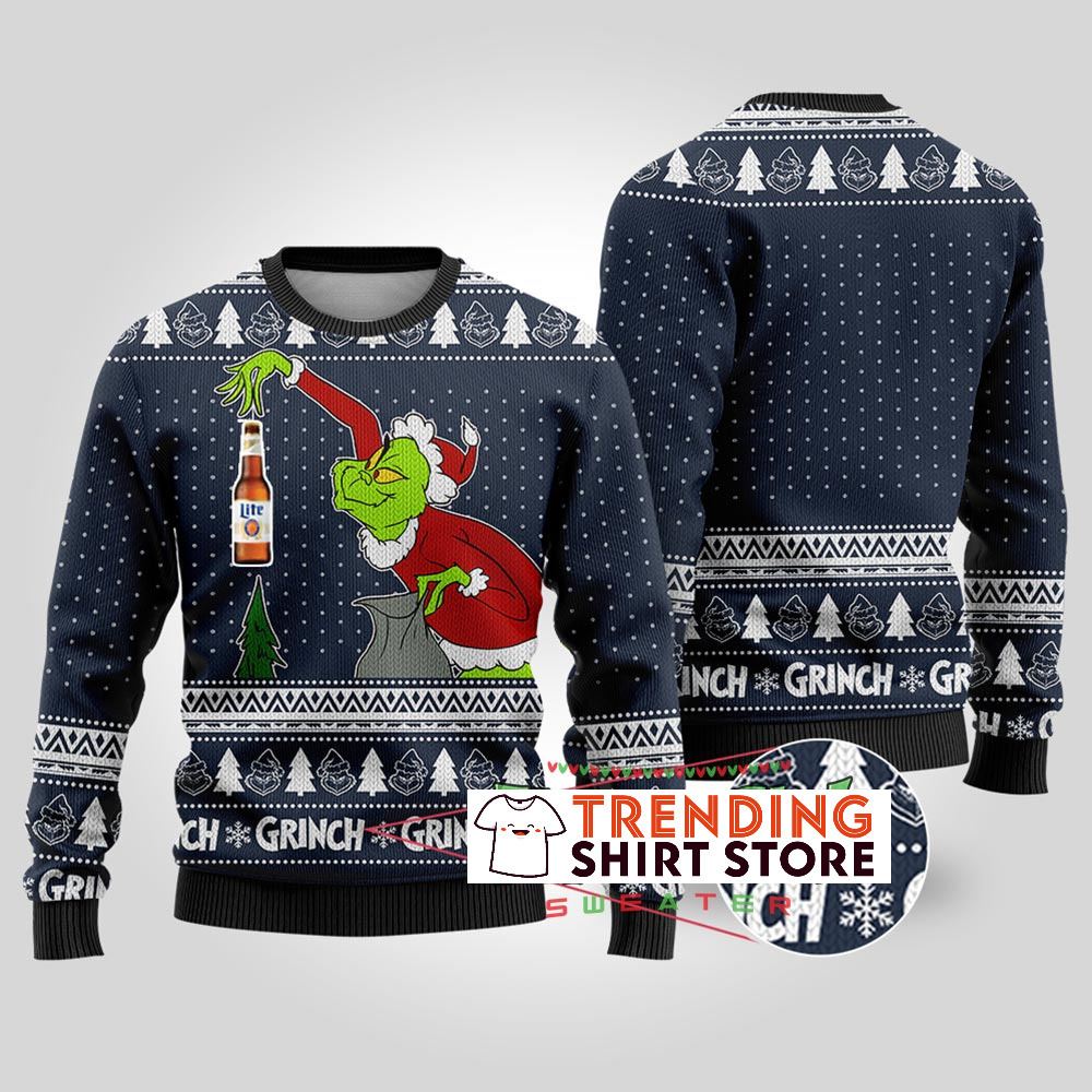 Navy Funny Grinch Miller Lite Ugly Christmas Sweater