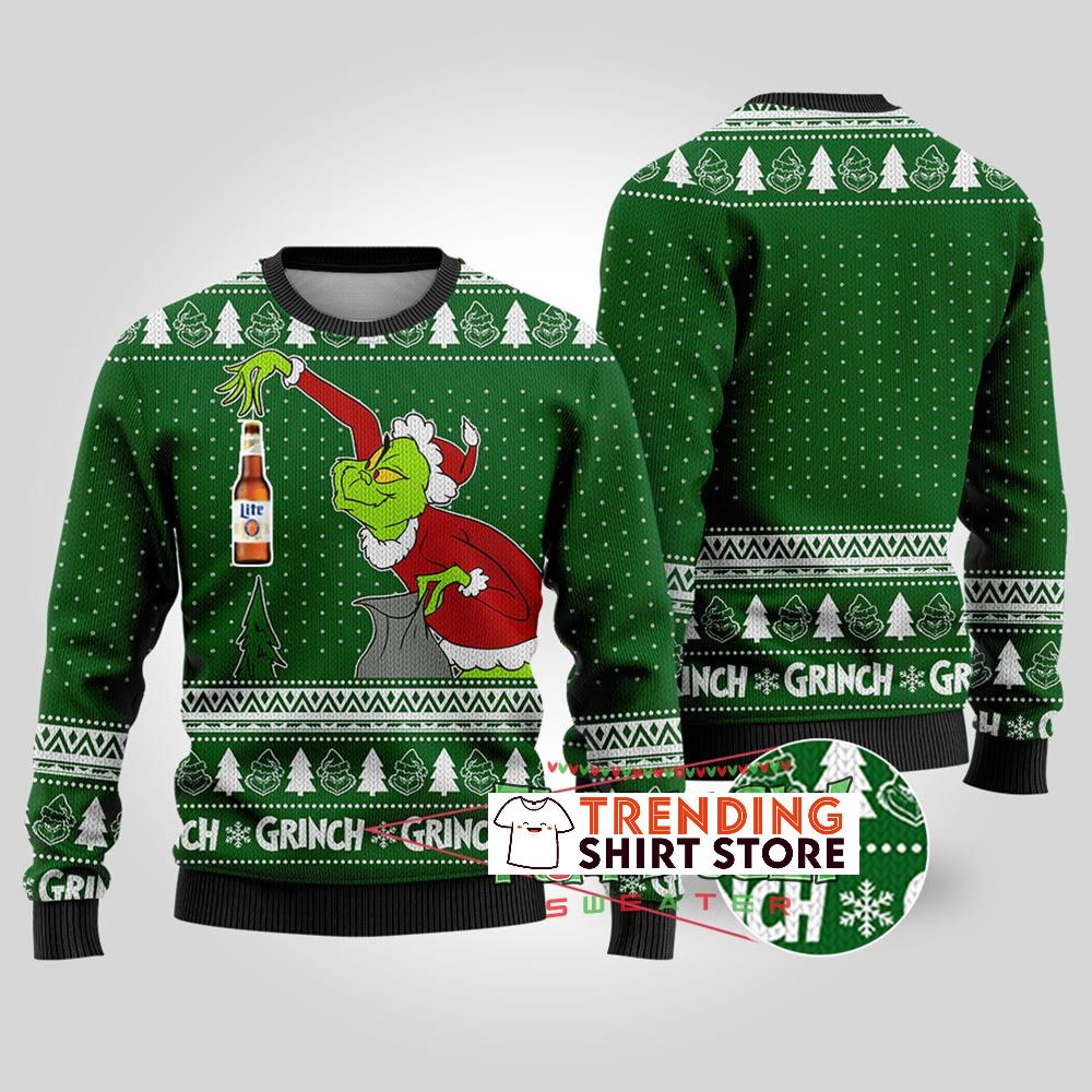 Forest Green Funny Grinch Miller Lite Ugly Christmas Sweater