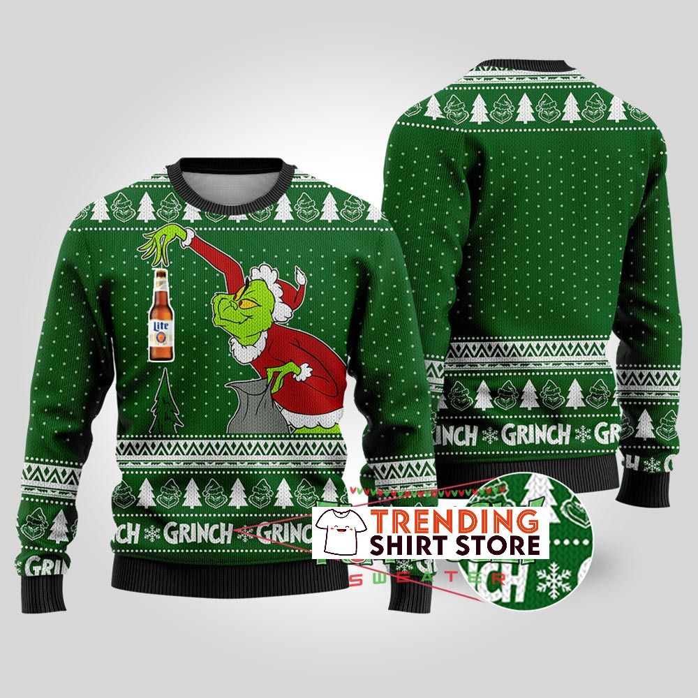 Forest Green Funny Grinch Miller Lite Ugly Christmas Sweater Forest Green Funny Grinch Miller Lite Ugly Christmas Sweater