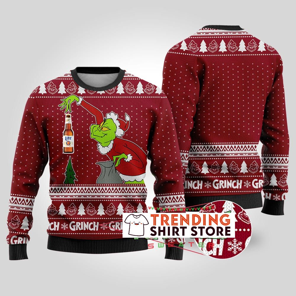 Cardinal Red Funny Grinch Miller Lite Ugly Christmas Sweater