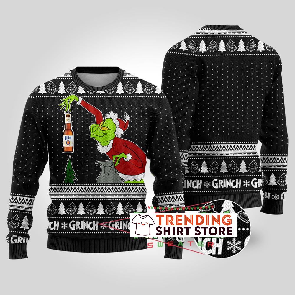 Black Funny Grinch Miller Lite Ugly Christmas Sweater