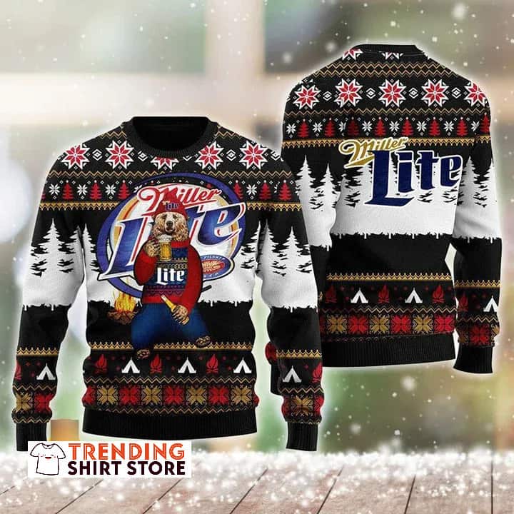 Funny Bear Loves Miller Lite Ugly Christmas Sweater Funny Bear Loves Miller Lite Ugly Christmas Sweater