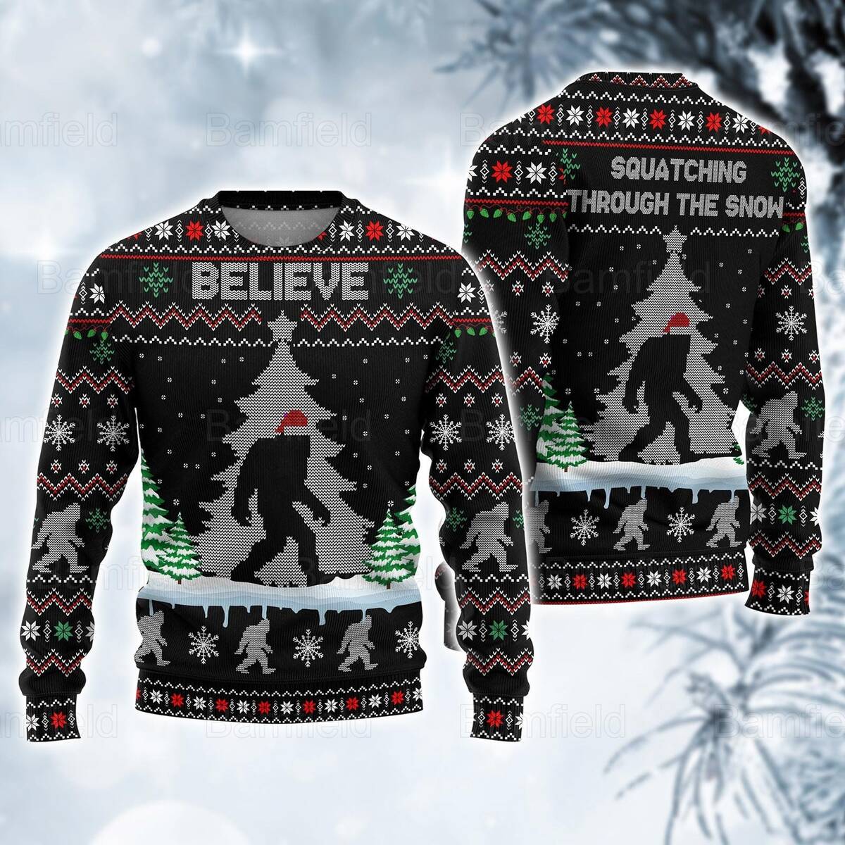 Bigfoot Ugly Christmas Sweater Squatching Through The Snow