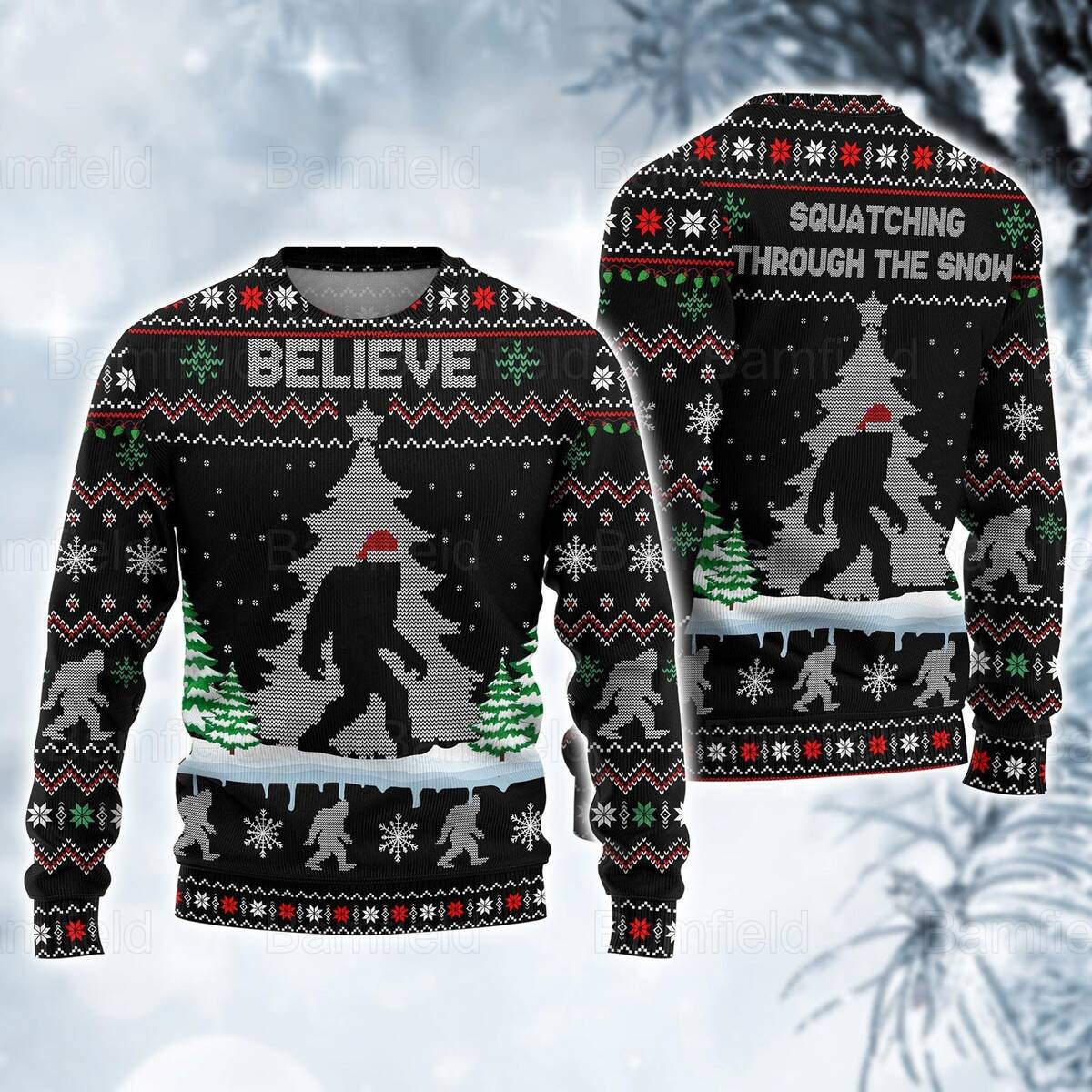 Bigfoot Ugly Christmas Sweater Squatching Through The Snow Bigfoot Ugly Christmas Sweater Squatching Through The Snow