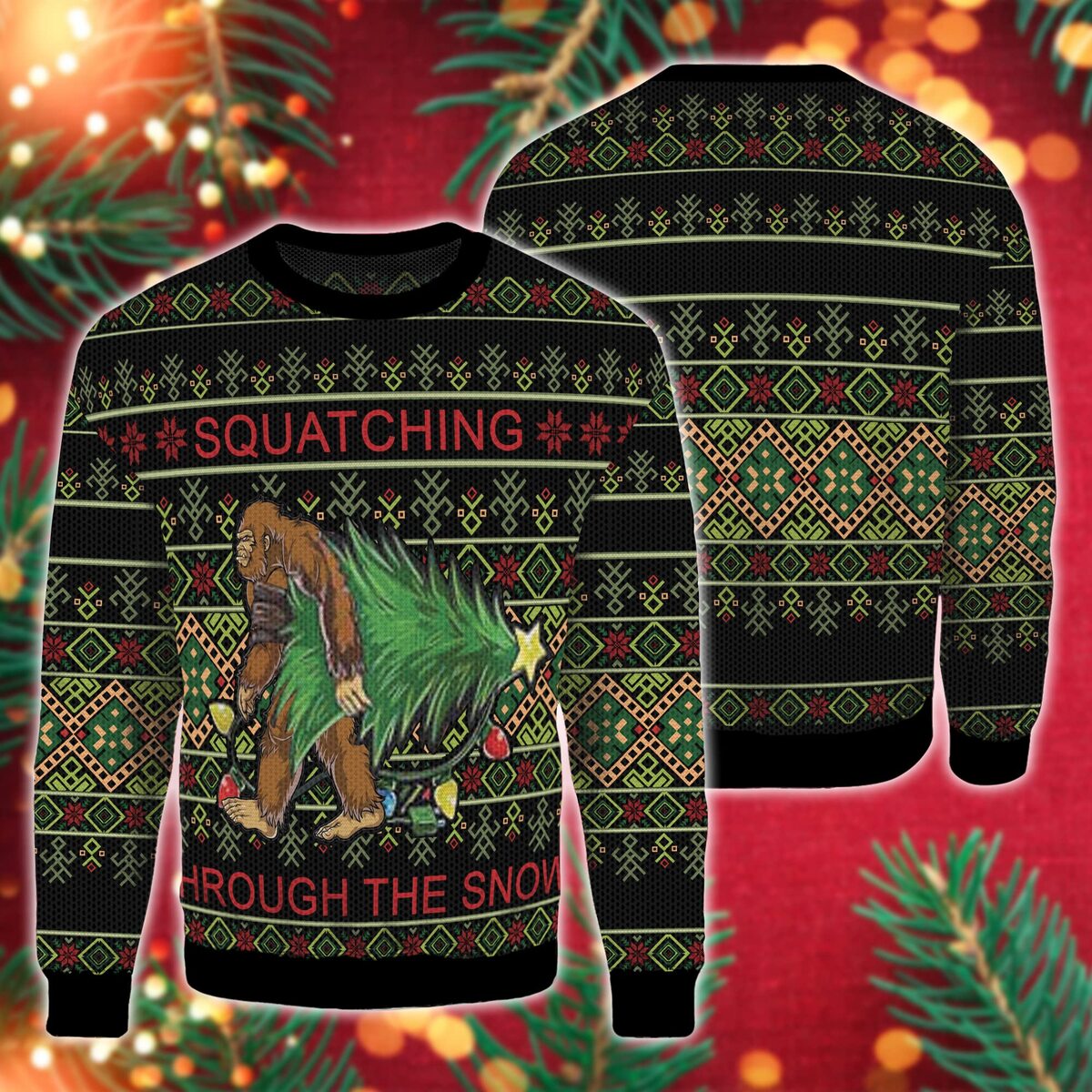 Black Bigfoot Ugly Christmas Sweater Squatching Through The Snow