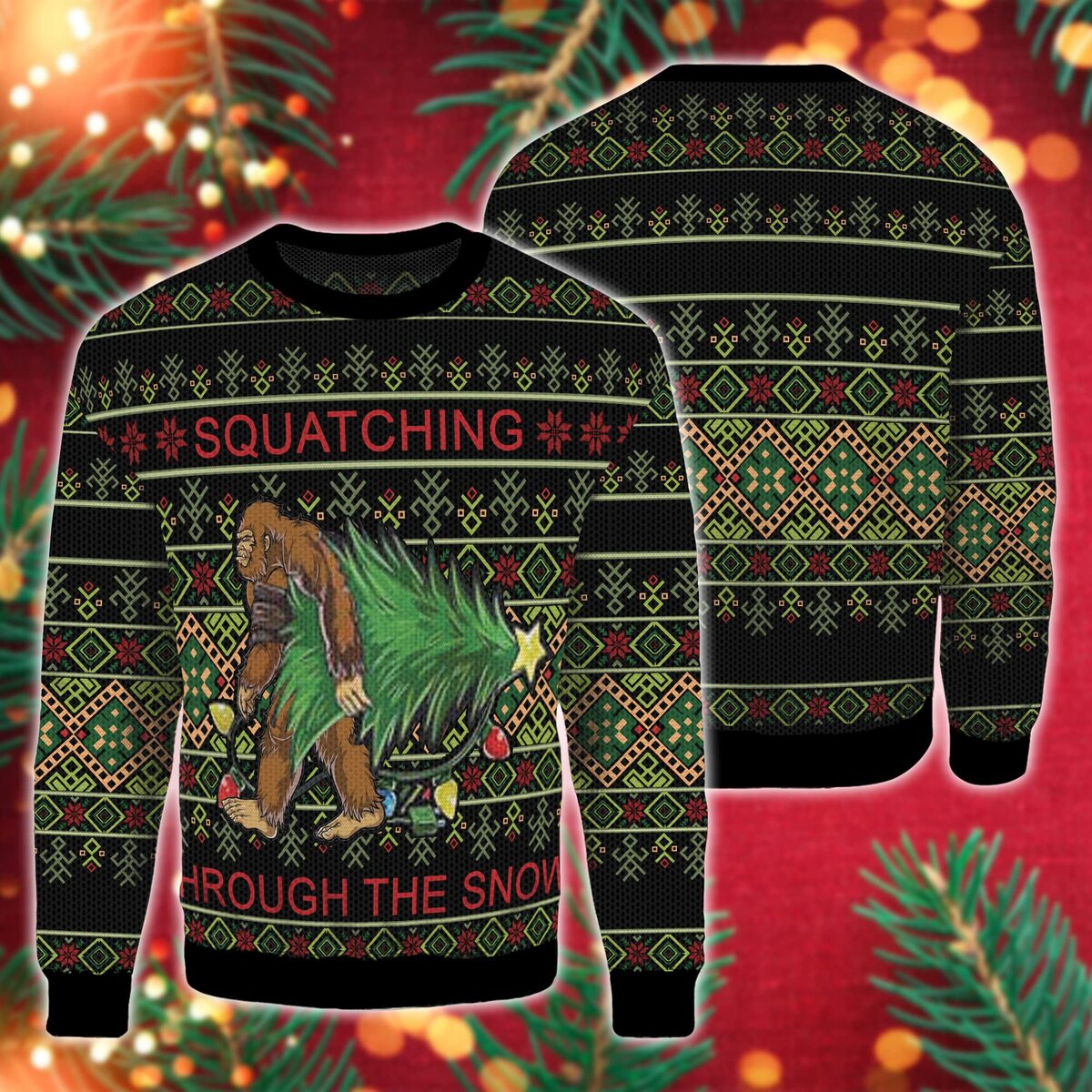Black Bigfoot Ugly Christmas Sweater Squatching Through The Snow Black Bigfoot Ugly Christmas Sweater Squatching Through The Snow