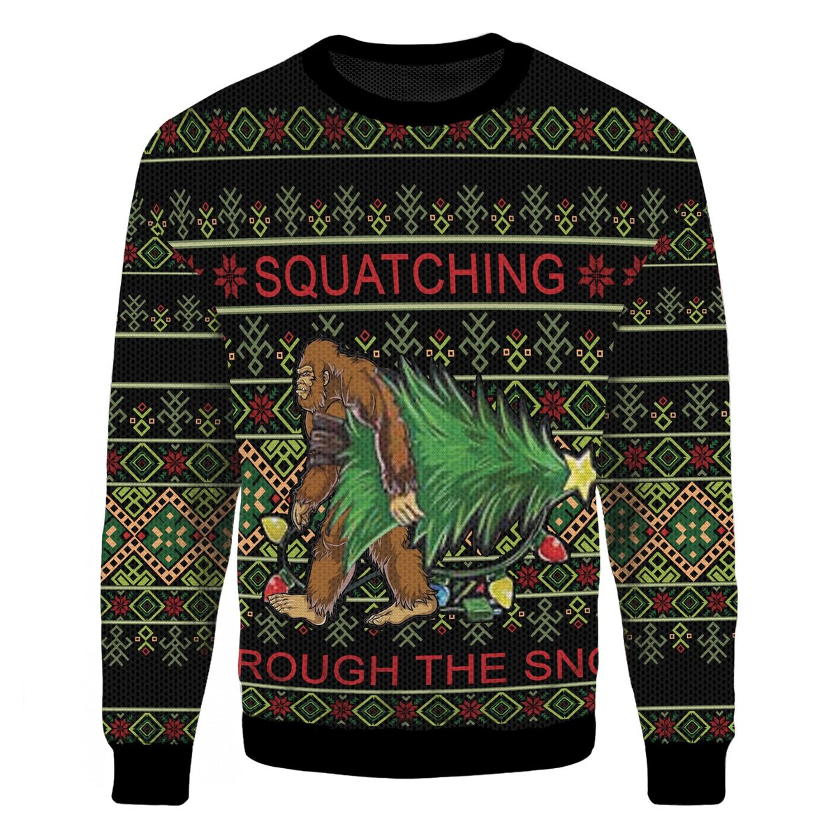 Black Bigfoot Ugly Christmas Sweater Squatching Through The Snow Black Bigfoot Ugly Christmas Sweater Squatching Through The Snow