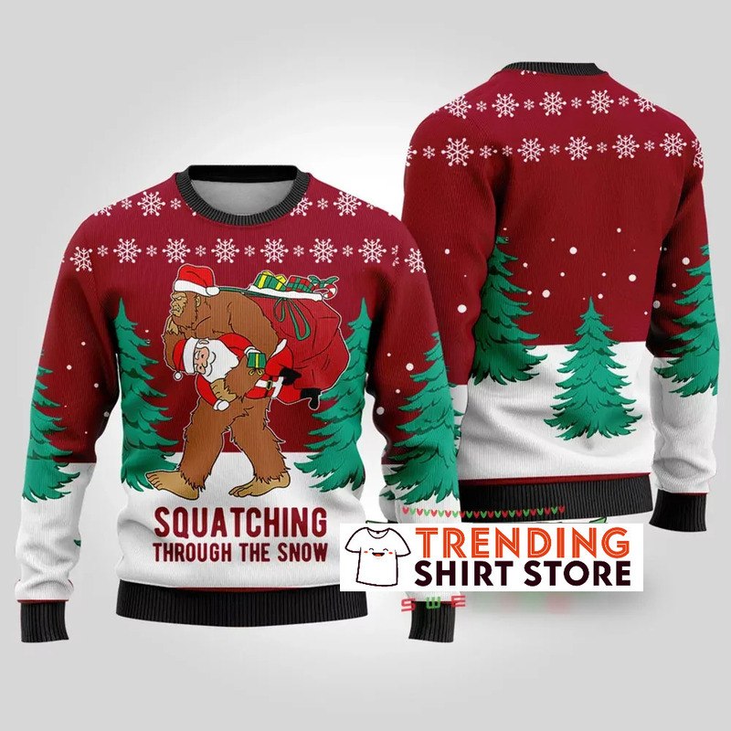 Funny Squatching Through The Snow Bigfoot Ugly Christmas Sweater Cardinal Red Funny Squatching Through The Snow Bigfoot Ugly Christmas Sweater Cardinal Red