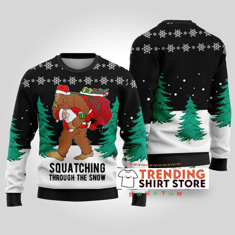 Black Squatching Through The Snow Bigfoot Ugly Christmas Sweater Black Squatching Through The Snow Bigfoot Ugly Christmas Sweater