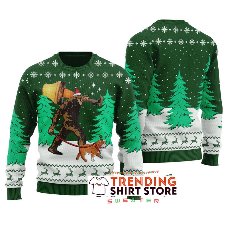 Green Bulldog With Bigfoot Ugly Christmas Sweater Green Bulldog With Bigfoot Ugly Christmas Sweater
