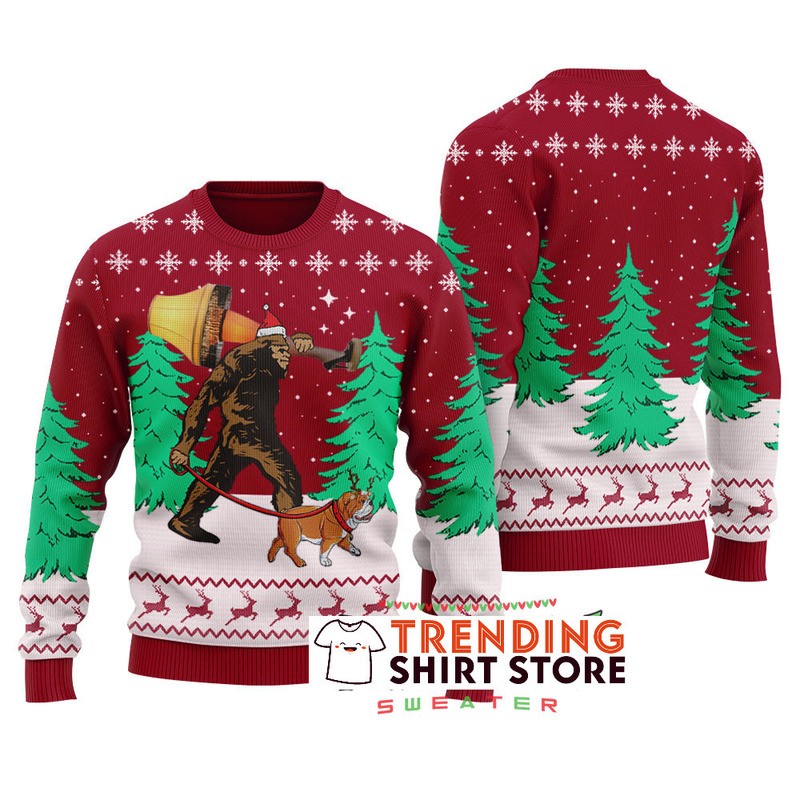 Red Bulldog With Bigfoot Ugly Christmas Sweater Red Bulldog With Bigfoot Ugly Christmas Sweater