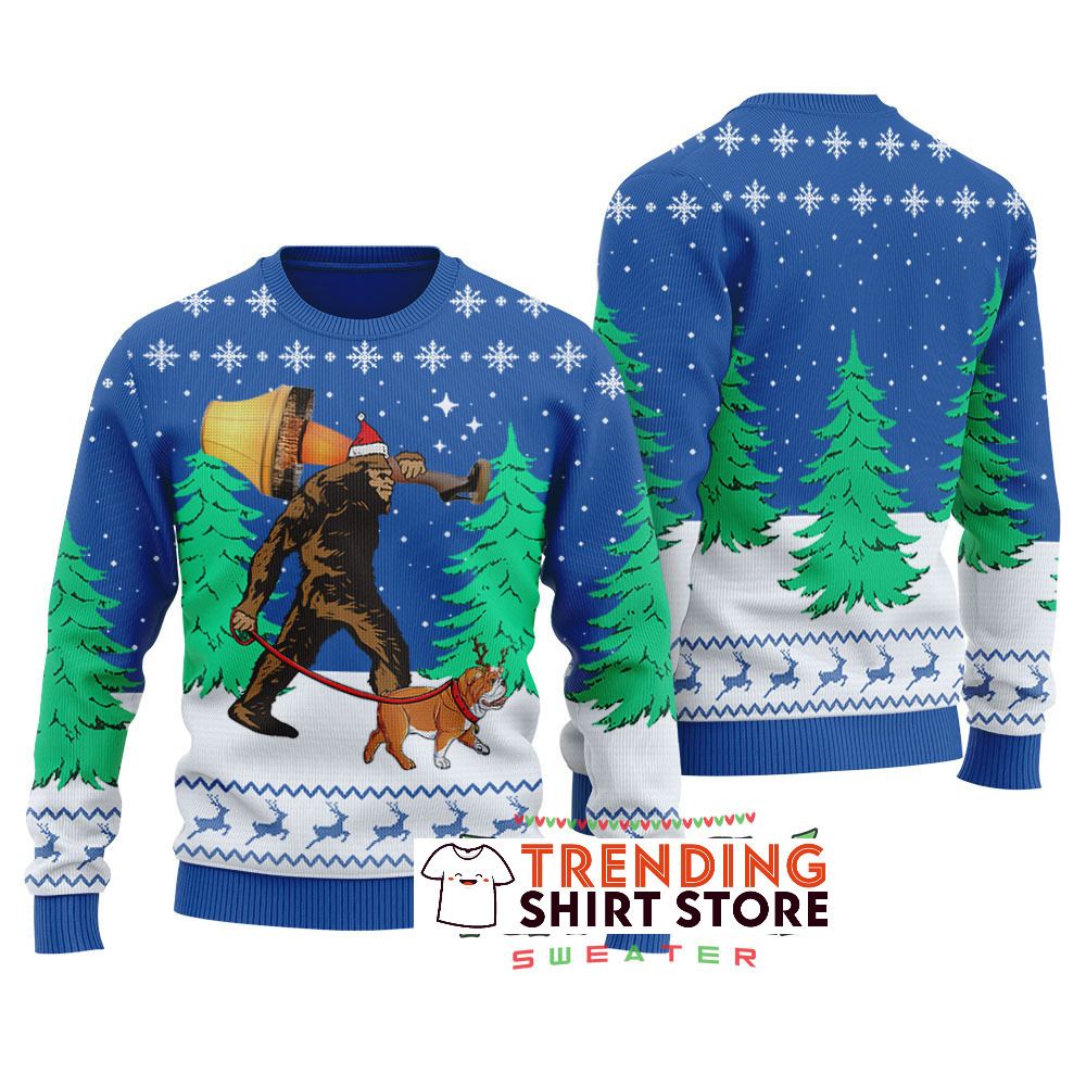 Royal Bulldog With Bigfoot Ugly Christmas Sweater Royal Bulldog With Bigfoot Ugly Christmas Sweater