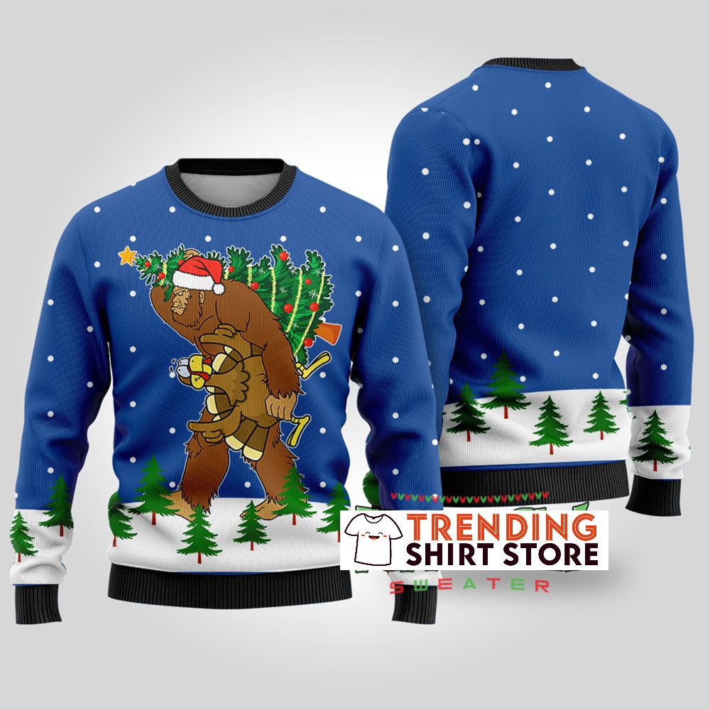 Funny Thanksgiving Bigfoot Steals Turkey Ugly Christmas Sweater Funny Thanksgiving Bigfoot Steals Turkey Ugly Christmas Sweater
