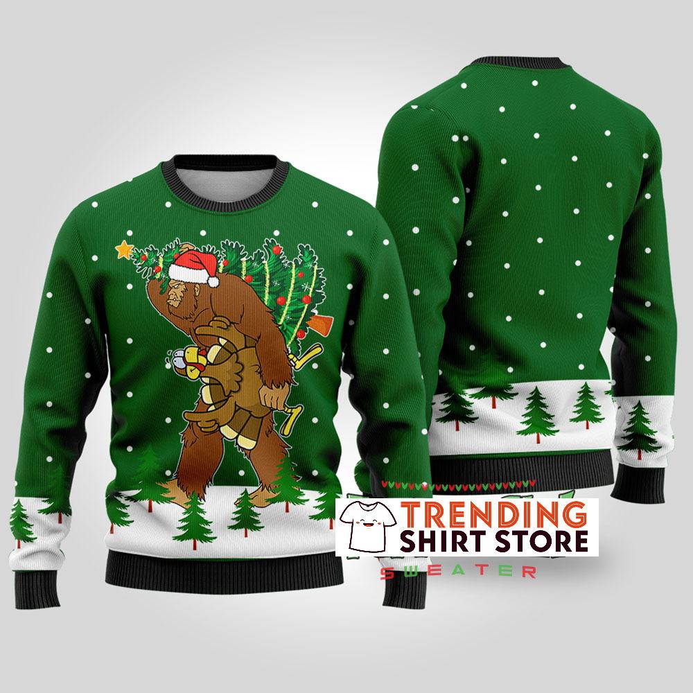 Funny Green Thanksgiving Bigfoot Steals Turkey Ugly Christmas Sweater Funny Green Thanksgiving Bigfoot Steals Turkey Ugly Christmas Sweater