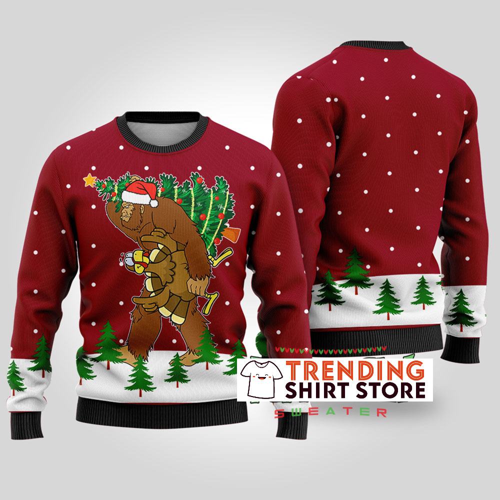 Funny Red Thanksgiving Bigfoot Steals Turkey Ugly Christmas Sweater Funny Red Thanksgiving Bigfoot Steals Turkey Ugly Christmas Sweater