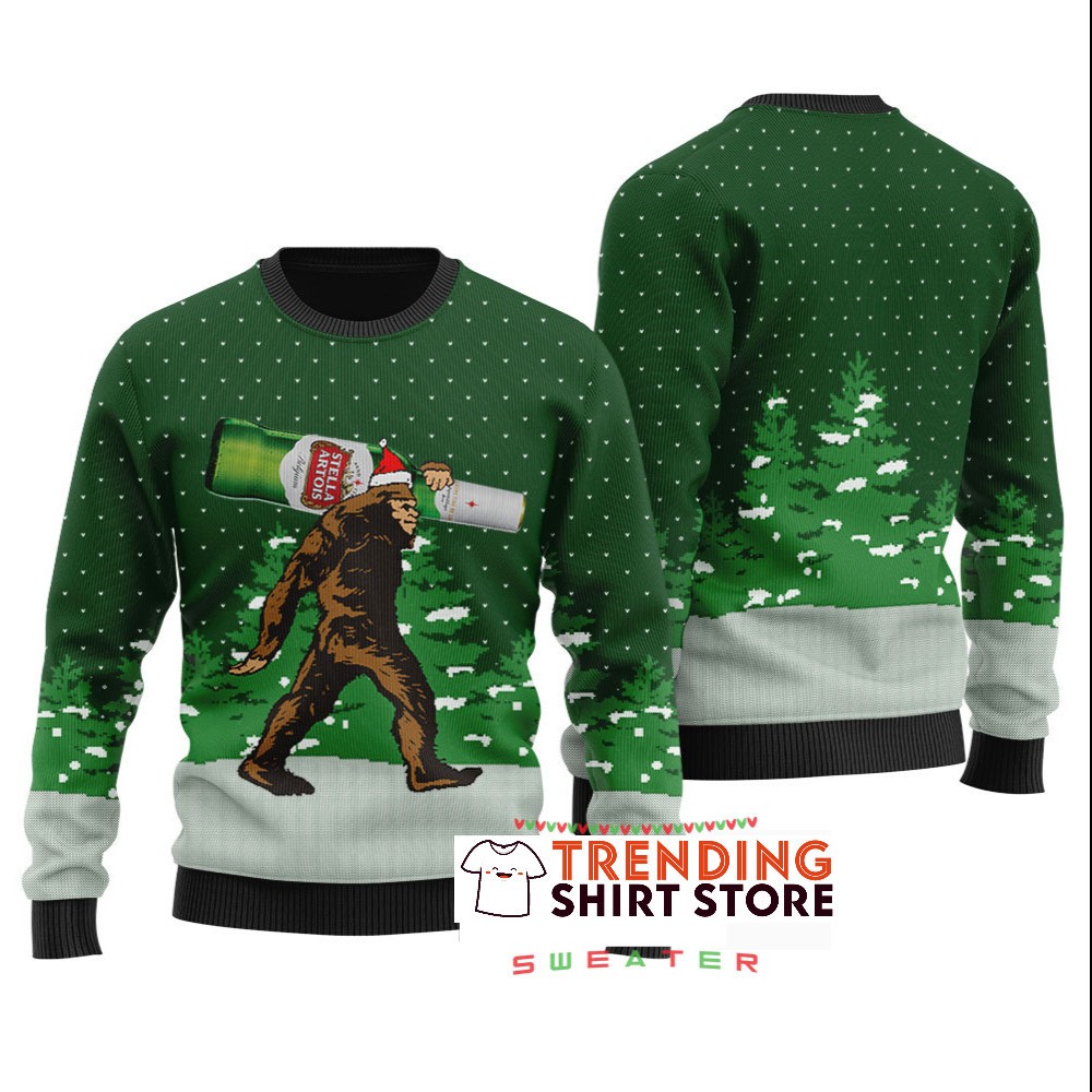 Funny Bigfoot Stella Artois Beer Ugly Christmas Sweater Funny Bigfoot Stella Artois Beer Ugly Christmas Sweater