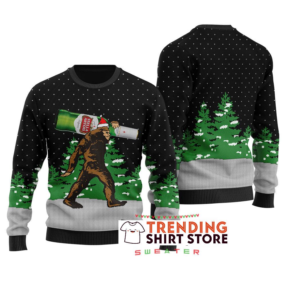 Funny Black Bigfoot Ugly Christmas Sweater Stella Artois Beer Funny Black Bigfoot Ugly Christmas Sweater Stella Artois Beer