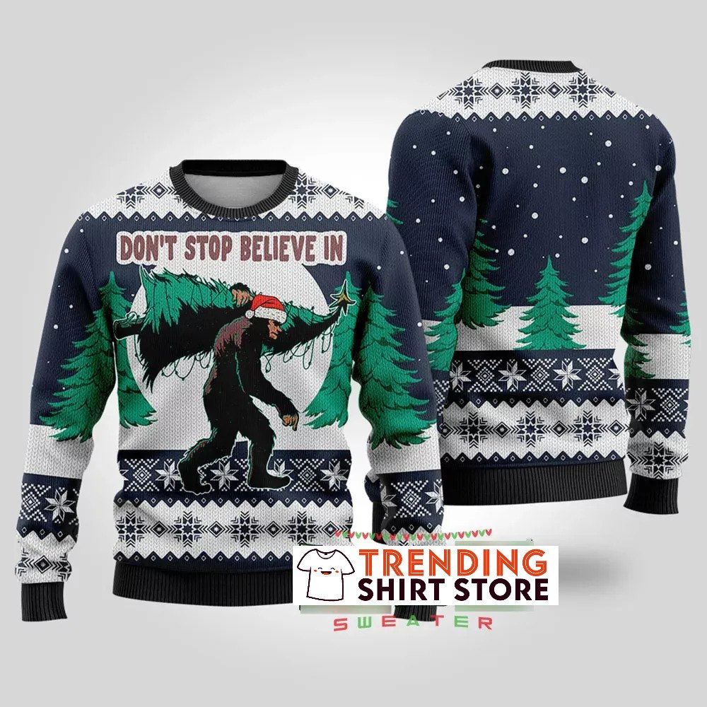 Navy Bigfoot Ugly Christmas Sweater Don't Stop Believe In Navy Bigfoot Ugly Christmas Sweater Don't Stop Believe In