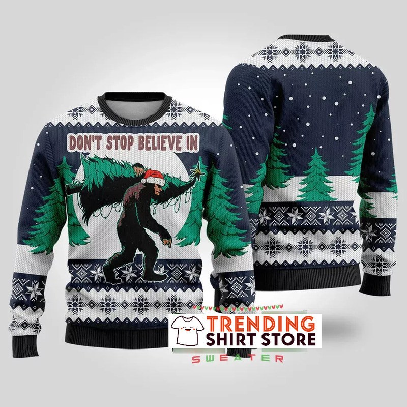 Navy Bigfoot Ugly Christmas Sweater Don't Stop Believe In