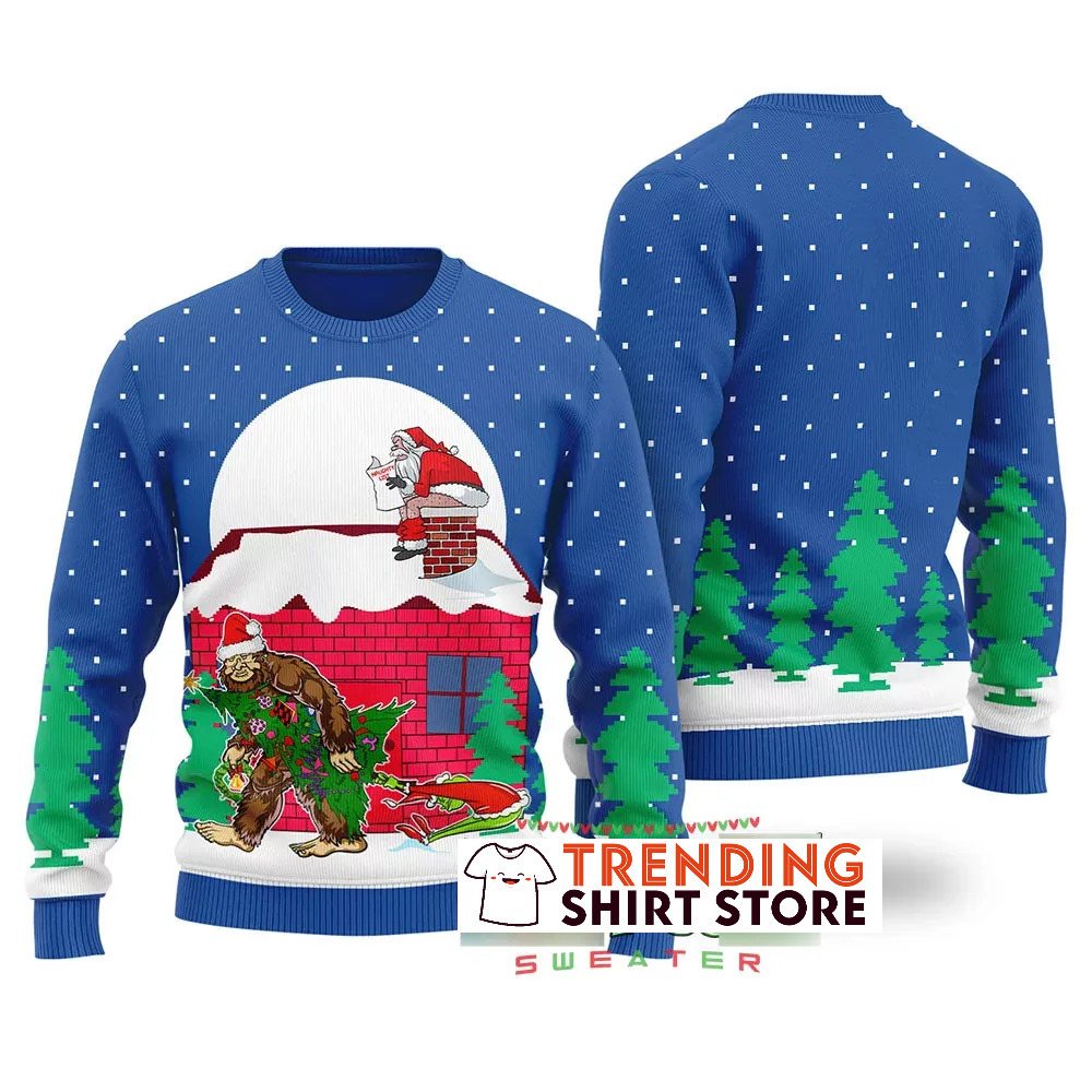 Funny Royal Bigfoot Steals Christmas Tree Santa Clause Poops On The Chimney Ugly Christmas Sweater Funny Royal Bigfoot Steals Christmas Tree Santa Clause Poops On The Chimney Ugly Christmas Sweater