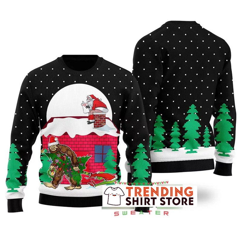Funny Black Bigfoot Steals Christmas Tree Santa Clause Poops On The Chimney Ugly Christmas Sweater Funny Black Bigfoot Steals Christmas Tree Santa Clause Poops On The Chimney Ugly Christmas Sweater