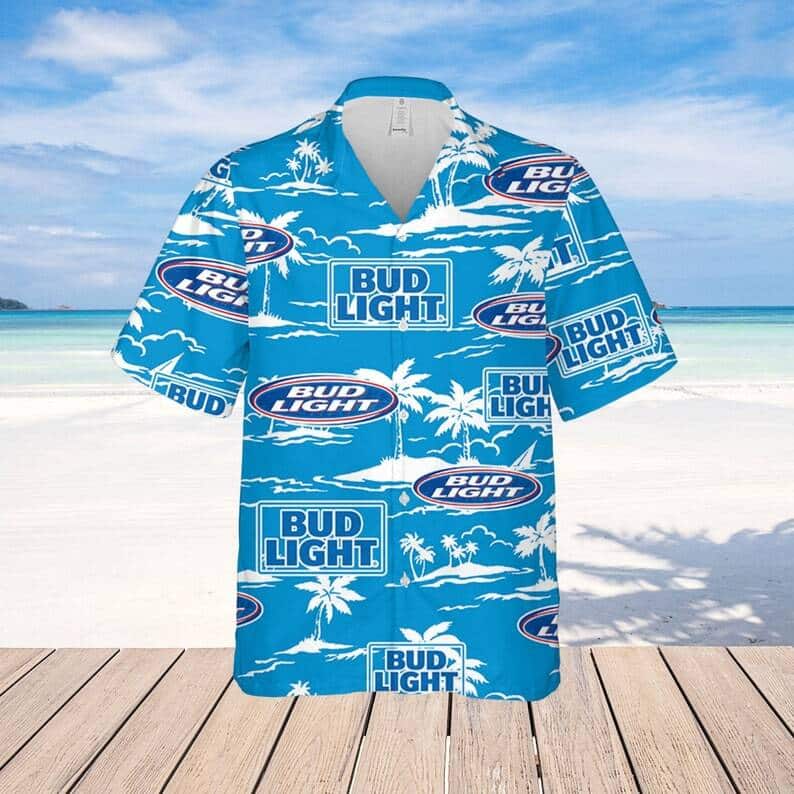 Bud Light Hawaiian Shirt Beach Pattern On Blue Theme Bud Light Hawaiian Shirt Beach Pattern On Blue Theme